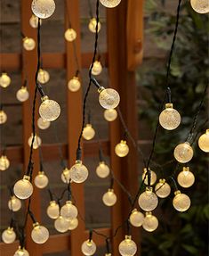 a bunch of lights that are hanging from a tree in front of a wooden fence