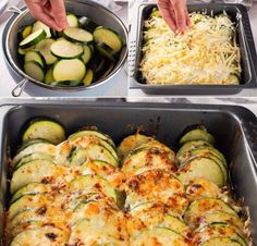 two pans filled with zucchini and cheese on top of a white table