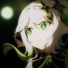 an anime character with green eyes and long white hair, standing in front of a dark background