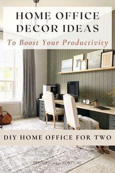 a home office decorated in gray and white with text overlay that reads, diy home office decor ideas to boast your production