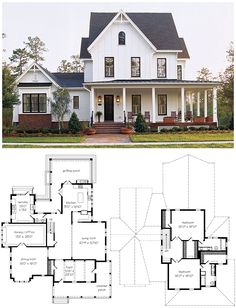 two story house plans with front and back porches on the first floor are shown