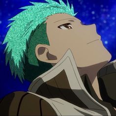 an anime character with green hair looking up at the stars in the sky behind him