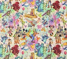 an image of disney characters and balloons on a white background with multicolored images