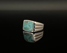 Squared Turquoise Silver Signet Ring with Lines Sizes 7, 8, 9, 10, 11, 12 925 Sterling Silver  Face Height: 12mm Weight: 8 grams Stone: Turquoise (actual stone may vary from picture) Nickel Free Silver Hallmark 925 Free US Shipping Luxury Turquoise Signet Ring For Men, Mens Turquoise Rings, Silver Signet Ring, White Metal, Signet Ring, Turquoise Ring, Band Rings, Jewelry Rings, 925 Sterling Silver