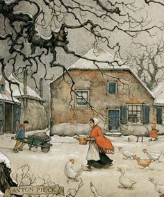 an image of a woman walking in the snow with chickens by her house and tree