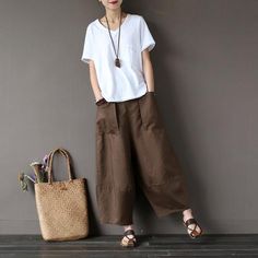 Retro art women's wear,casual pants,Spring and Autumn cotton hemp pants,broad-legged pants,Large-siz Flax Pants, Linen Capri Pants, Cotton Harem Pants, Cotton Linen Pants, Loose Trousers, Pantalon Large, Elastic Waist Pants, Hijab Style, Linen Pants