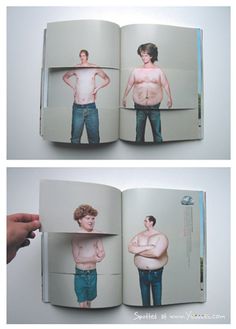 an open book with two pictures of men in different poses and the same man without his shirt