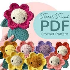 crochet flowers are shown with the text first friend pdf on it's side