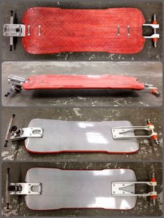 three different views of a skateboard on the ground with wheels attached to each board