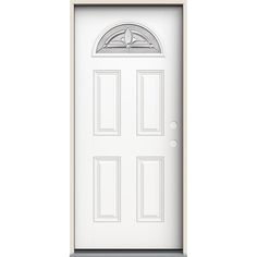 JELD-WEN Smooth Fiberglass doors provide the look of traditional painted wood doors with the added benefits of energy efficiency and a no-dent, low-maintenance surface. It has prominent definition in the panel details of the door that can dramatically enhance your entryway. They are engineered to not warp, rot or split, making them an economical option that's as durable as they are attractive. Color: Modern White. Front Door Modern, Fiberglass Front Door, Glass Hinges, Fiberglass Door, Glass Insulators, White Doors, Windows Exterior, Decorative Glass, Home Doors