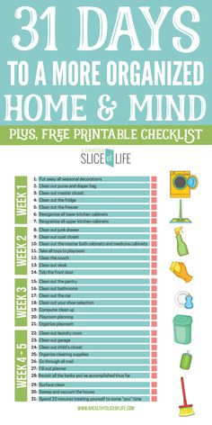 the 31 days to a more organized home and mind printable checklist is shown