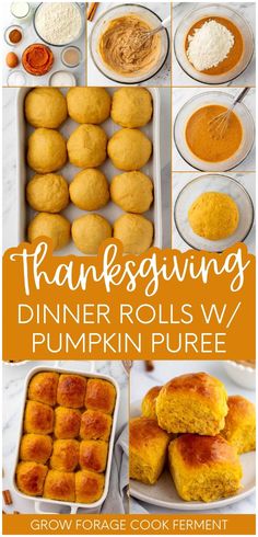 thanksgiving dinner rolls and pumpkin puree with text overlay that reads, thanksgiving dinner rolls and pumpkin puree