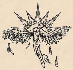 a drawing of an angel with wings on it's back and the sun in the background