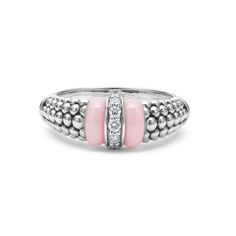 Diamonds set in sterling silver are accented by a pop of pink ceramic and Caviar beading on this every day ring. LAGOS diamonds are the highest quality natural stones. Luxury Pink Sterling Silver Diamond Ring, Luxury Pink Sterling Silver Rings, Elegant Pink Sterling Silver Diamond Ring, Luxury Pink Diamond Ring In Sterling Silver, Pink Sterling Silver Diamond Ring With Accent Stones, Pink Sterling Silver Rings With Accent Stones, Pink Diamond Multi-stone Jewelry, Pink Sterling Silver Diamond Ring With Accents, Pink Sterling Silver Diamond Ring With Diamond Accents