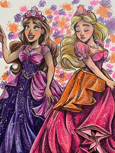 two princesses in dresses are standing next to each other