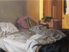 a painting of an unmade bed in a bedroom