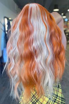 Orange Creamsicle Hair, Silver And Orange Hair, Ginger And Silver Hair, White And Ginger Hair, Half Ginger Half Blonde Hair, Hair Color Split, Blonde And Red Balayage, Blonde And Orange Hair, Orange And White Hair