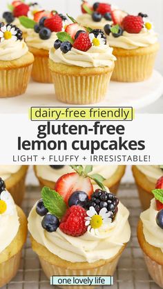 there are many cupcakes with white frosting and fresh berries on top, along with the words dairy - free friendly gluten - free lemon cupcakes