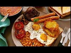 a plate with eggs, beans and toast on it