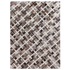 an area rug with squares and lines on the side, in grey tones that appear to be made out of cowhide