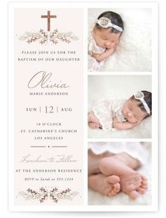 the birth announcement card is shown with photos of a baby's feet and hands