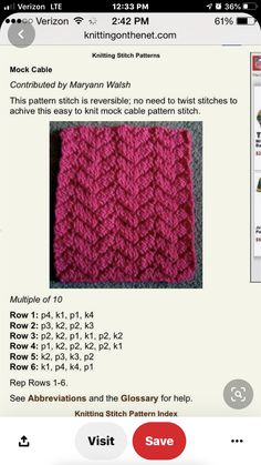 the knitting pattern is displayed on an iphone screen, and it appears to be knitted