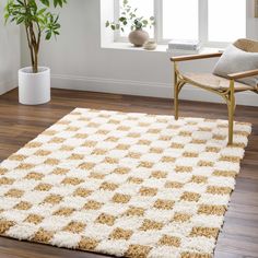 a white and brown rug in a living room next to a chair with a potted plant