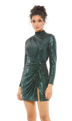 High neck long sleeve fitted mini sequin party dress with gathered side. Cute Hoco Dresses, Junior Party Dresses, Sequin Party, Green Bottle, Short Homecoming Dress, Sequin Party Dress, Prom Girl, Mac Duggal, High Neck Long Sleeve