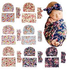 newborn baby girl swaddle hat and bib set with matching headbands