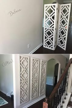 two pictures of the same room divider in different stages of being painted and decorated