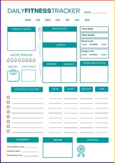 a printable daily planner with the words daily fitness tracker