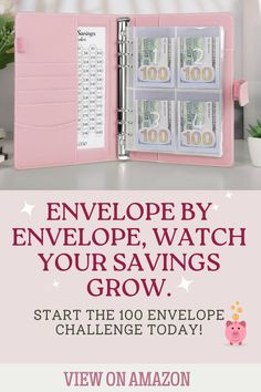 an open pink wallet with money in it and the words, envelope by envelope, watch your savings grow