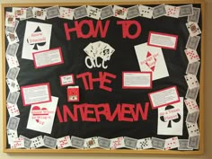 a bulletin board that says how to be the interview with lots of pictures on it