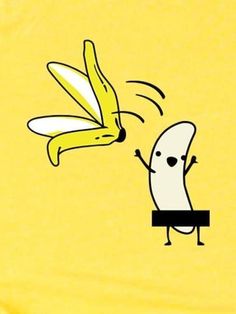 a banana flying through the air next to a cartoon character