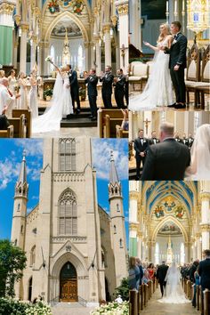 a collage of photos showing the wedding ceremony at st patrick's cathedral