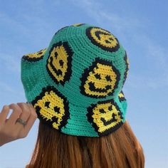 CROCHET HAT PATTERN Smiley Print Hat - Etsy Playful Green Brimmed Sun Hat, Playful Green Brimmed Bucket Hat, Playful Green Wide Brim Hat, Green Flat Brim Bucket Hat, One Size, Fun Green Brimmed Sun Hat, Trendy Handmade Green Crochet Hat, Trendy Green Bucket Hat With Curved Brim, Trendy Green Brimmed Bucket Hat, Retro Crochet Hat With Curved Brim