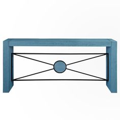 a blue table with a circular design on it's top and metal frame around the edge