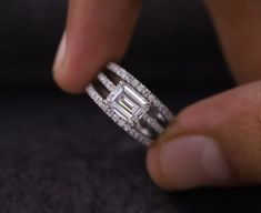 East West Emerald Cut Moissanite Engagement Ring Set Three Ring Wedding Set Her Ring Wedding Set, Emerald Cut Moissanite Engagement Ring, Moissanite Ring Set, Moissanite Engagement Ring Set, Emerald Cut Moissanite, Three Rings, Engagement Ring Set, Wedding Set, East West