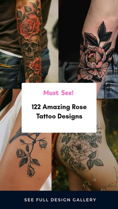 Discover 122 amazing rose tattoo designs featuring various styles like black and gray traditional and vibrant colors. This pin presents four captivating images showcasing unique tattoos with roses, skulls, and birds.