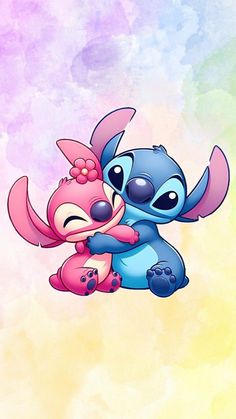 stitch and stitch hugging each other on a colorful background