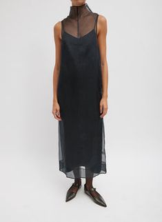 Melee Crepe V-Neck Dress With Organza Lining – Tibi Official Sheer V-neck Slip Dress For Evening, Sheer Silk Evening Dress For Summer, Elegant Daywear Organza Dresses, Elegant Sheer Slip Dress For Daywear, Elegant Sheer Daywear Dress, Elegant Black Sheer Slip Dress, Elegant Organza Daywear Dress, Elegant Organza Day Dress, Elegant Organza Dresses For Daywear