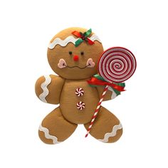 a gingerbread man holding a candy lollipop on a white background with clippings