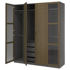 an open closet with shelves and doors on both sides, in front of a white background