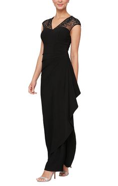 black Black Wedding Guest Dresses, Empire Waist Gown, Full Length Gowns, One Shoulder Gown, Alex Evenings, Neckline Designs, Illusion Neckline