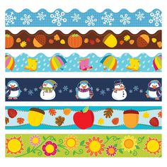 christmas borders with snowmen, apples, and pumpkins on the border are shown