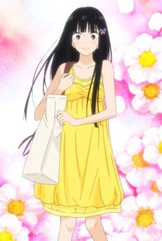 a girl in a yellow dress holding a white bag and standing next to pink flowers