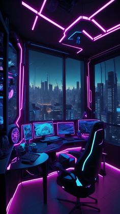 a room filled with lots of computers and neon lights