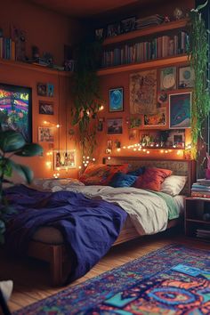 a bedroom with lots of lights and pictures on the wall above the bed, along with a rug