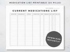 the printable medication list is shown on top of a marble table with a black circle