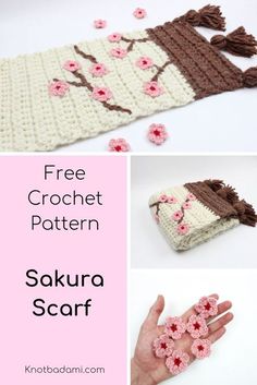 the crochet scarf is shown with flowers on it and two hands are holding one